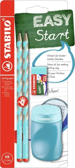 Комплект ергономични моливи, Stabilo, EASYgraph S, Дясна ръка, 2 броя с острилка и гумичка, Син
