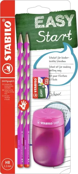 Комплект ергономични моливи, Stabilo, EASYgraph S, Дясна ръка, 2 броя с острилка и гумичка, Розов