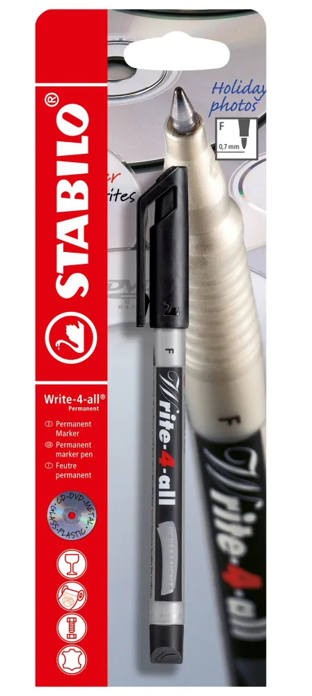 Перманентен маркер в блистер, Stabilo, Write-4-All, Фин писец F, Черен