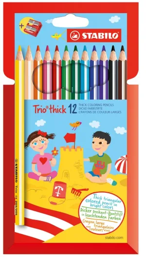 Комплект цветни моливи и острилка, Stabilo, Trio Thick, 12 цвята