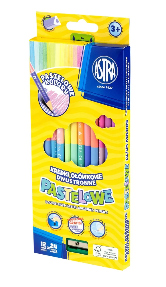 Комплект цветни двустранни триъгълни моливи, Astra, 12 броя, 24цвята