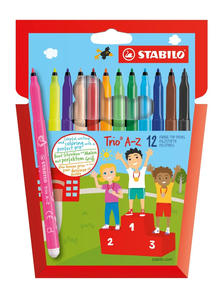 Комплект флумастери, Stabilo, Trio A-Z, 12 цвята