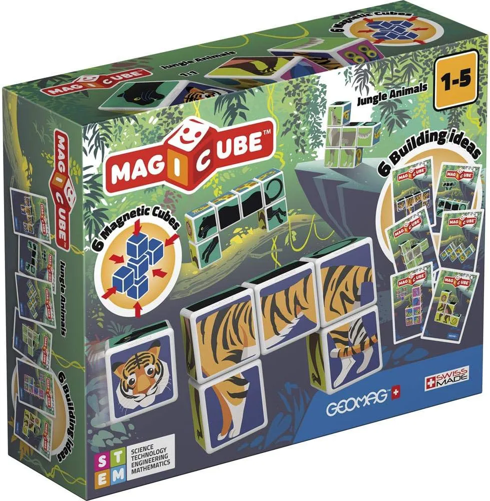 Магнитен конструктор, Geomag, Magicube, Животни в джунглата и карти 145, 9 части