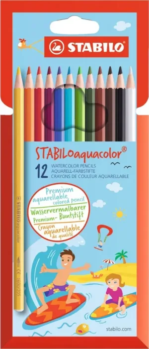 Комплект цветни акварелни моливи, Stabilo, Aquacolor, 12 цвята