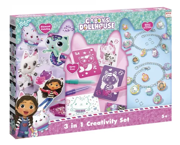 Творчески комплект, Totum, Gabby′s Dollhouse, Блестящи гривни + спрей маркери + диамантена мозайка 3 в 1