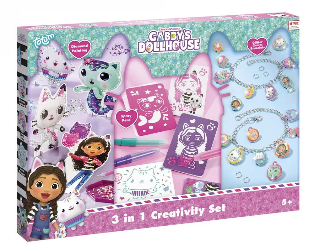 Творчески комплект, Totum, Gabby′s Dollhouse, Блестящи гривни + спрей маркери + диамантена мозайка 3 в 1