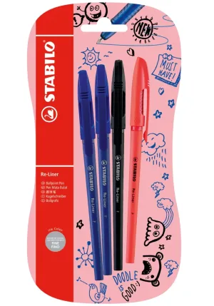 Комплект химикалки с капачка, Stabilo, Re-Liner F, 4 броя