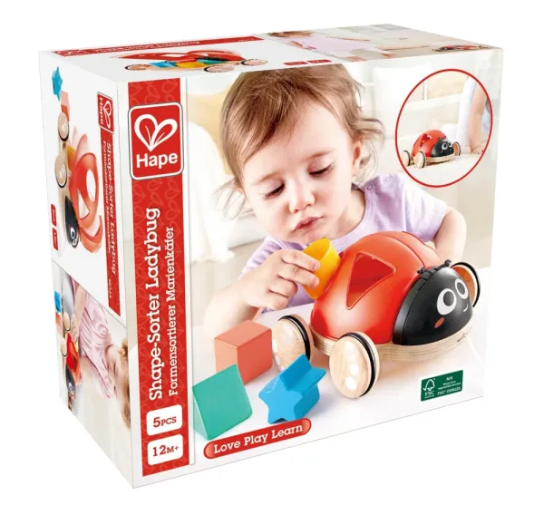 Дървена играчка за дърпане и сортиране, Hape, Калинка, 20 х 18 х 7 см