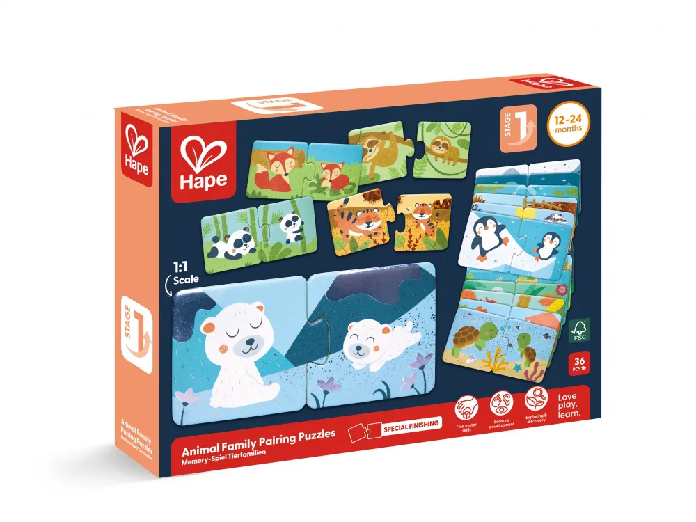Детски образователен пъзел, Hape, Семейства животни, 36 части