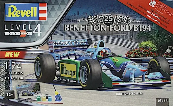 25 години Benetton Ford B194. Автомобил от Формула 1 в комплект с бои, четка, лепило.