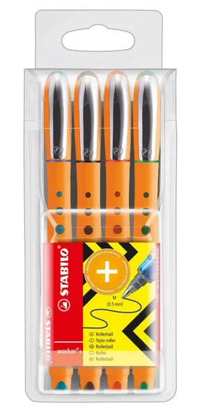 Комплект химикалки, Stabilo, Worker+Fine, 4 цвята