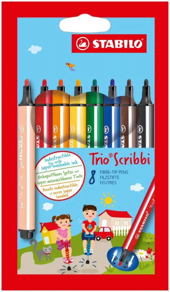 Комплект флумастери, Stabilo, Trio Scribbi, 8 цвята