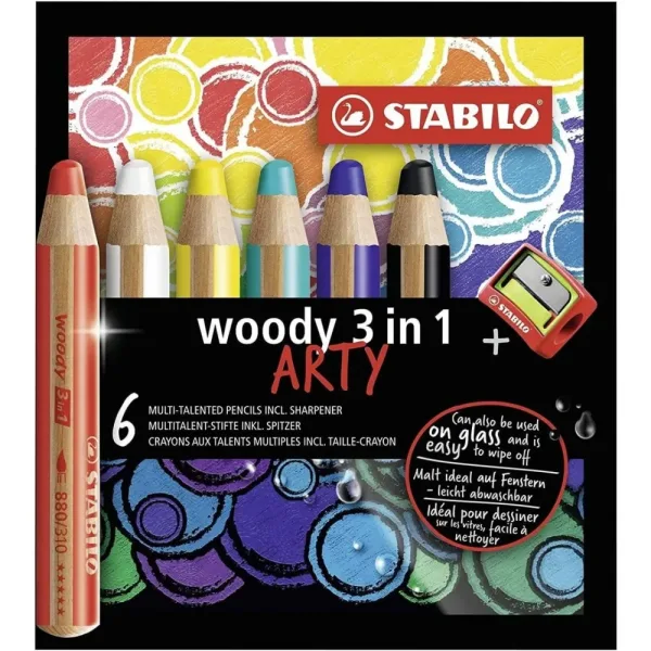 Комплект цветни моливи, Stabilo, Woody Arty 3 в 1 + острилка, 6 цвята