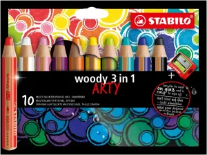 Комплект цветни моливи, Stabilo, Woody Arty 3 в 1 + острилка, 10 цвята