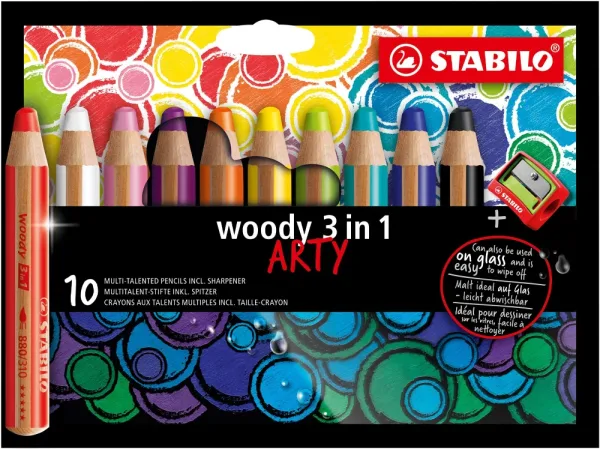Комплект цветни моливи, Stabilo, Woody Arty 3 в 1 + острилка, 10 цвята
