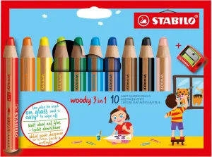 Комплект цветни моливи, Stabilo, Woody 3 в 1 + острилка, 10 цвята