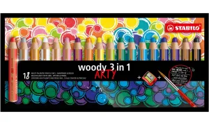 Комплект цветни моливи, Stabilo, Woody Arty 3 в 1, С острилка и четка, 18 цвята