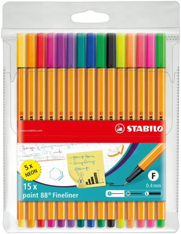 Комплект тънкописци, Stabilo, Point 88, 15 цвята