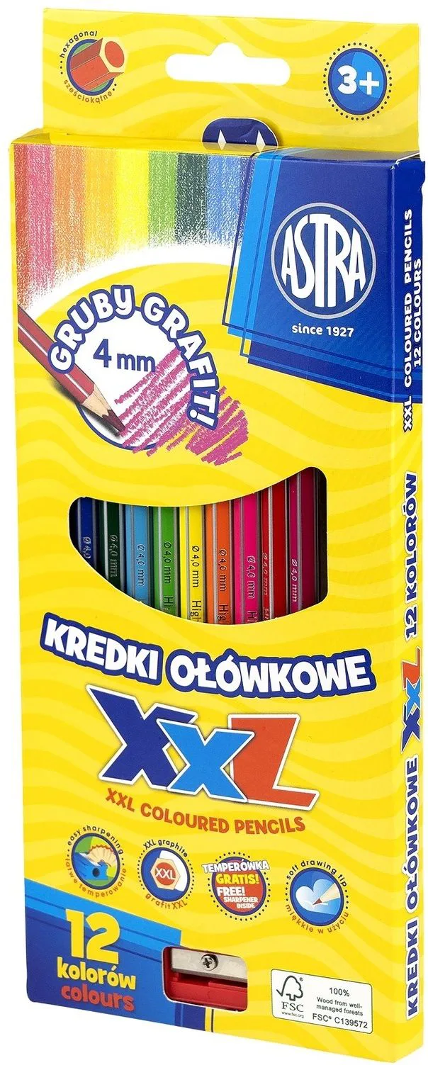 Комплект цветни шестоъгълни моливи, Astra, XXL, 12 броя, С острилка