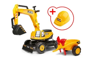 Детски багер с отваряща се седалка, каска и ремарке JCB - жълт