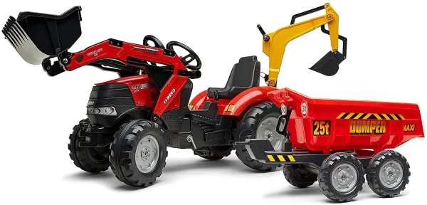 Детски багер с две гребла, ремарке и педали Case IH - червен