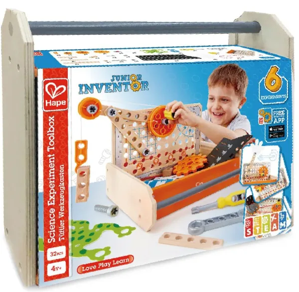 Игрален комплект, Hape, Дървена кутия с инструменти, Млад изобретател, 32 части