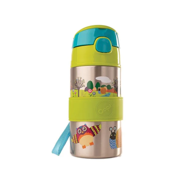 Бутилка за вода със сламка, Oops, Неръждаема стомана, Зелена, 400ml