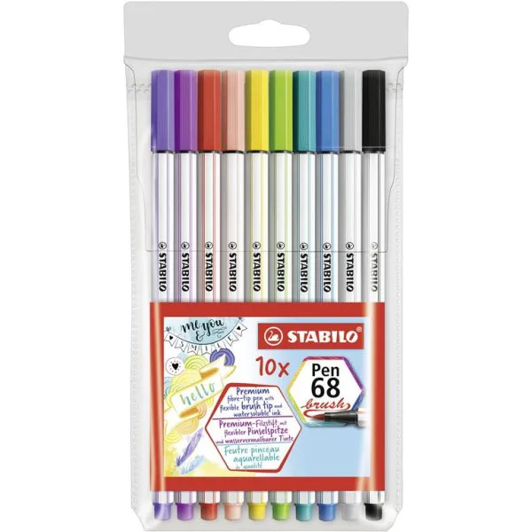 Комплект флумастери, Stabilo, Pen 68 Brush, 10 цвята