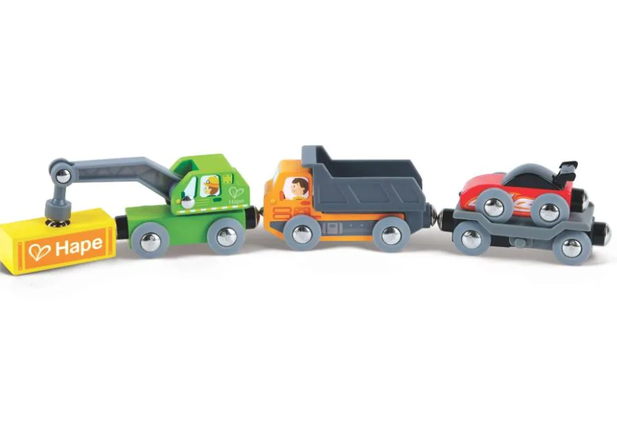 Дървен комплект, Hape, Влакче с цветни строителни машини