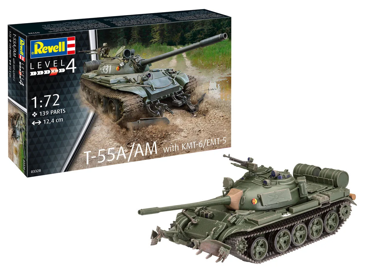 Сглобяем модел, Revell, Съветски танк T-55A/AM с минен плуг KMT-6/EMT-5, 139 части - Image 2