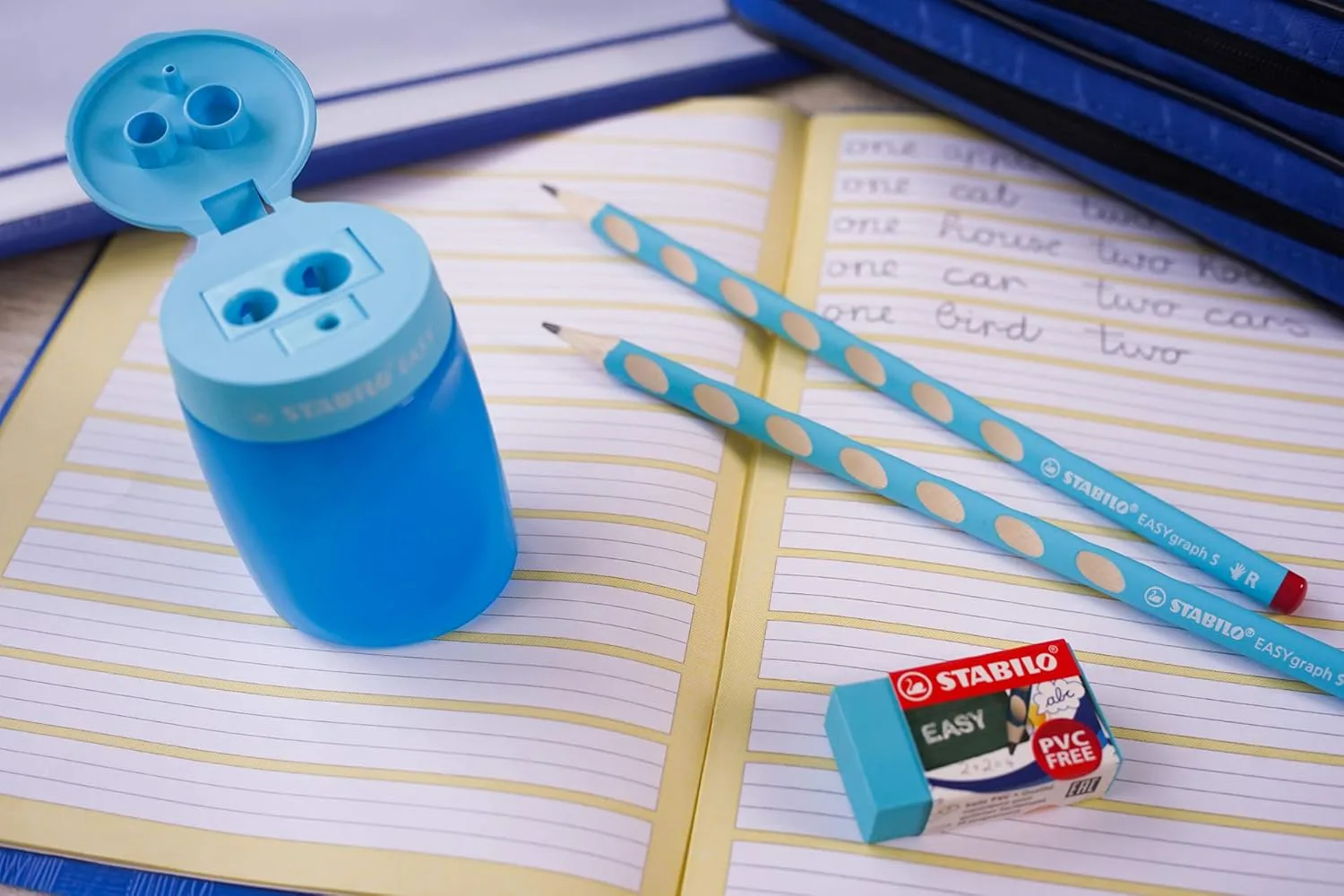 Комплект ергономични моливи, Stabilo, EASYgraph S, Дясна ръка, 2 броя с острилка и гумичка, Син - Image 4