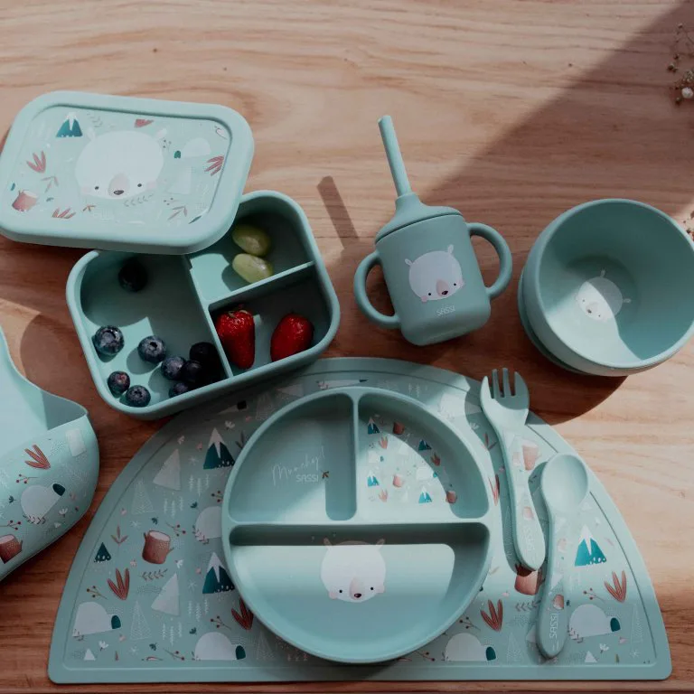 Силиконов комплект за хранене, вилица и лъжица, Sassi, Мечка - Image 7