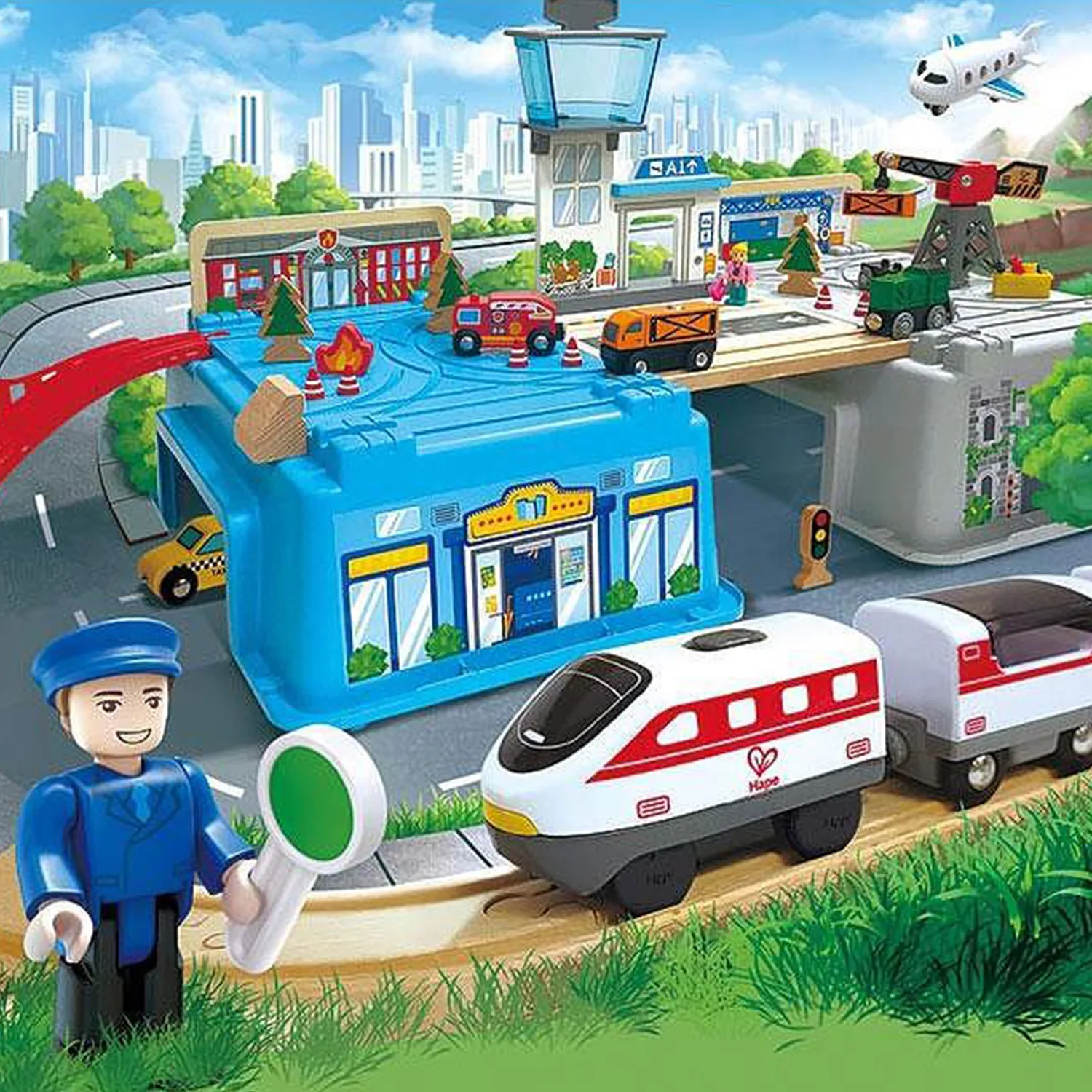 Комплект дървен влак в кутия, Hape, Мегаполис, 80 части - Image 4