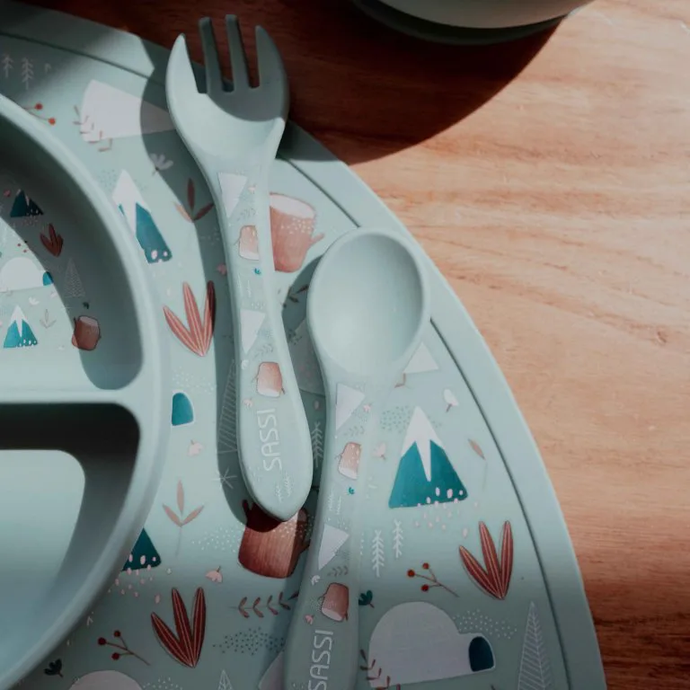 Силиконов комплект за хранене, вилица и лъжица, Sassi, Мечка - Image 6