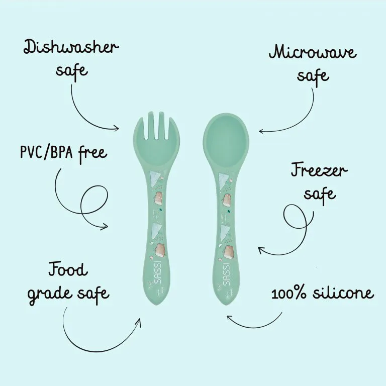 Силиконов комплект за хранене, вилица и лъжица, Sassi, Мечка - Image 5