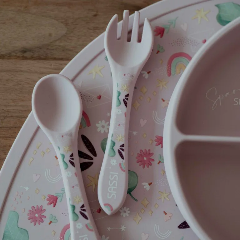 Силиконов комплект за хранене, вилица и лъжица, Sassi, Еднорог - Image 6