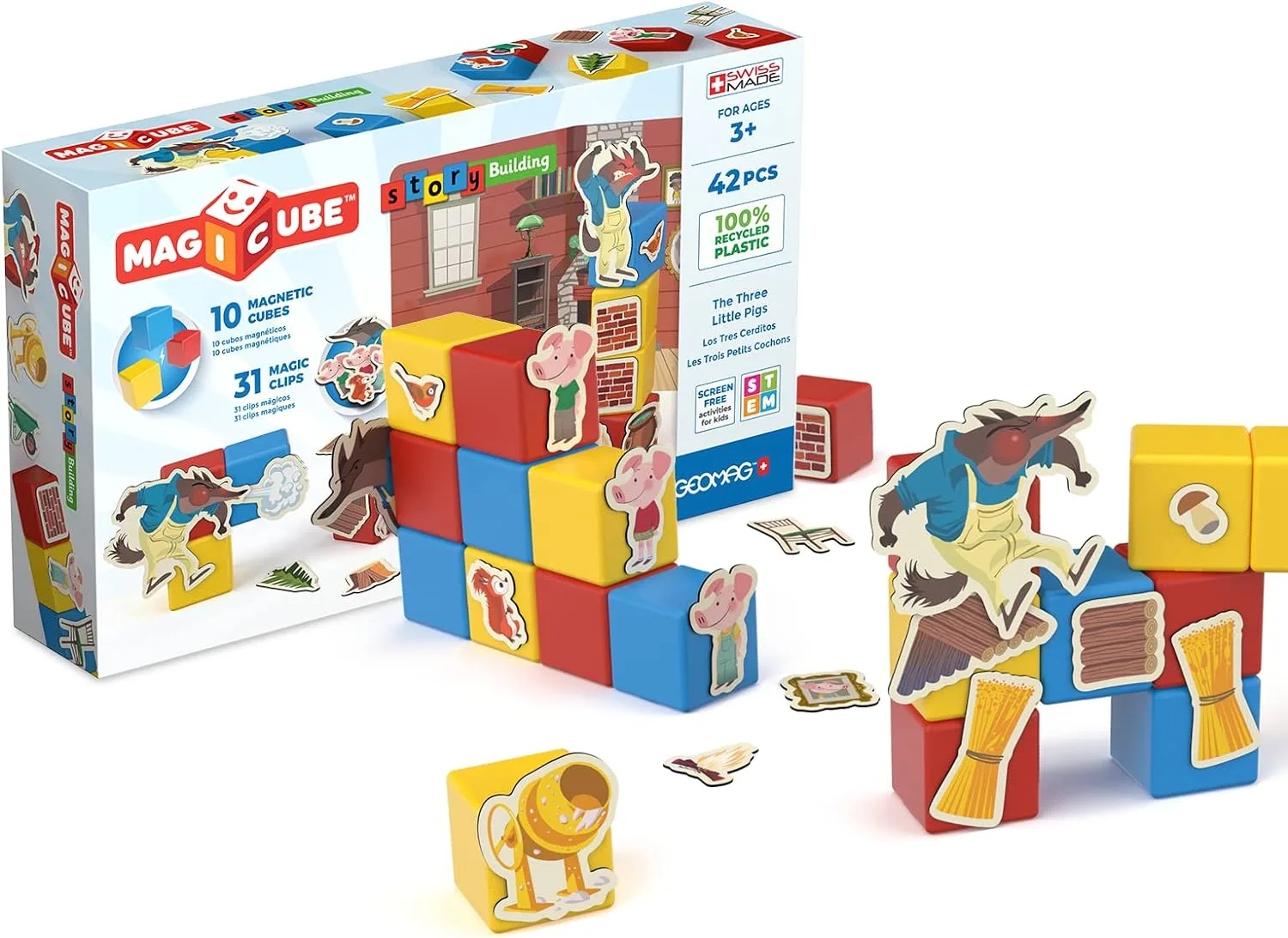 Магнитен конструктор, Geomag, Magicube, Story Building, Три малки прасенца, 42 части - Image 2