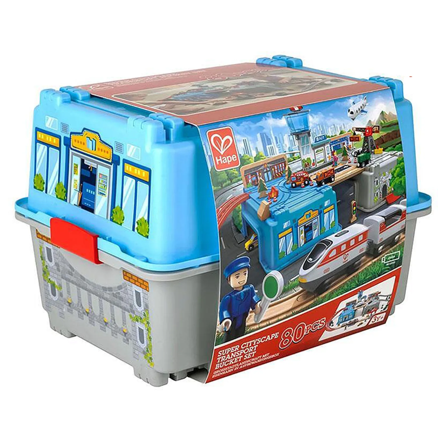 Комплект дървен влак в кутия, Hape, Мегаполис, 80 части - Image 2