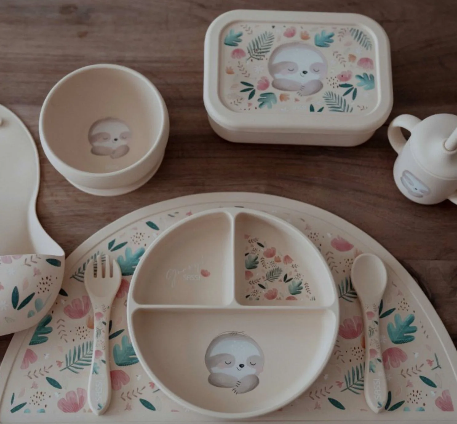 Силиконов комплект за хранене, вилица и лъжица, Sassi, Ленивец - Image 3