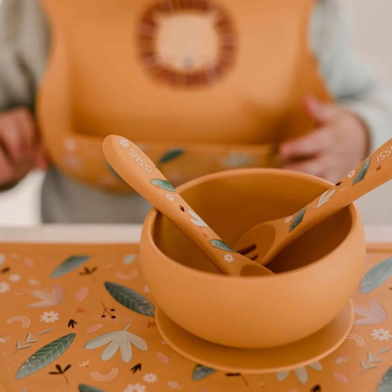 Силиконов комплект за хранене, вилица и лъжица, Sassi, Лъвче - Image 3