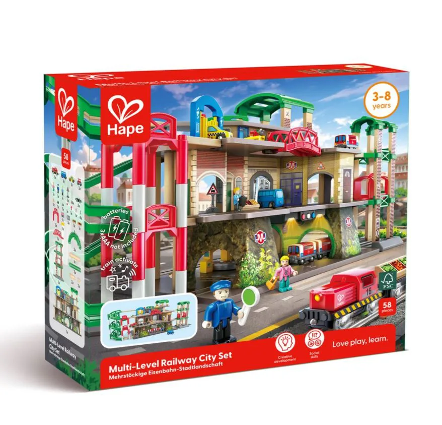 Железопътен комплект, Hape, Многоетажен градски ЖП комплект, 58 части